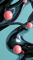 Canvas Print - Black liquid form embracing pink spheres on turquoise background