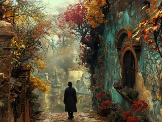 Wall Mural - Enchanted Cityscape: A Man Walks Through a Foggy, Autumnal Street