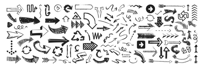 Aufkleber - A set of arrows drawn by hand with charcoal or brush. Arrow abstract brush line stroke color vector set. Brush strokes, artistic grunge vector arrows