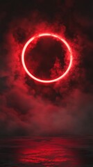 Canvas Print - Red neon circle glowing over a foggy ocean at night