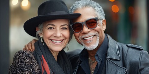 happy and smiling elderly couple posing together celebrating their love and togetherness in a warm portrait capturing their bond and joy in life