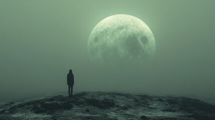 Poster - A solitary figure stands before a massive, glowing moon in fog.