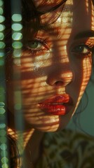 Canvas Print - Close Up Portrait of a Woman with Green Eyes and Red Lips