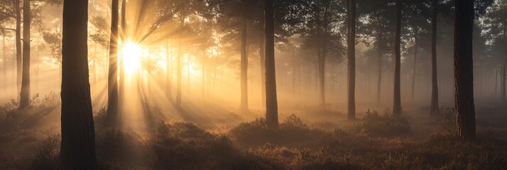 Wall Mural - sun rays pierce through a misty forest, illuminating the tall trees and the woodland floor.