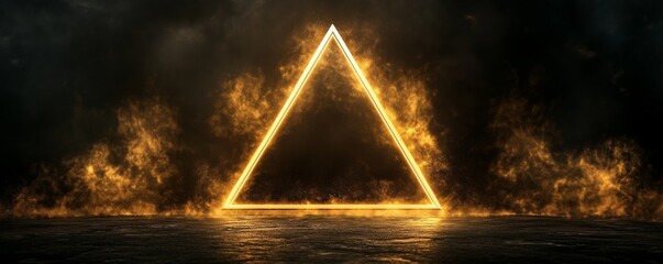 Wall Mural - luminous neon triangle frame surrounded by smoke and fire