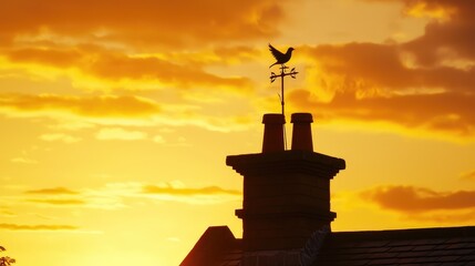 a beautiful sunset silhouette of a chimney and a weather vane with a bird atop, creating a peaceful 