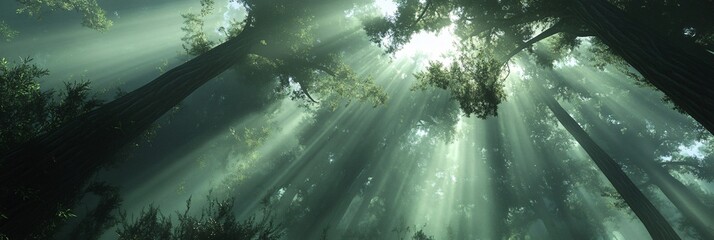 Wall Mural - sun rays shining through a dense green forest.