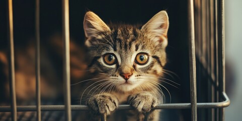 Canvas Print - Kitten in Cage Looking Up