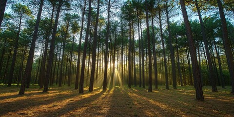Wall Mural - sunbeams filtering through the trees in a lush forest.