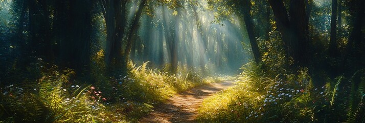Wall Mural - sunbeams illuminate a forest path leading through lush greenery.