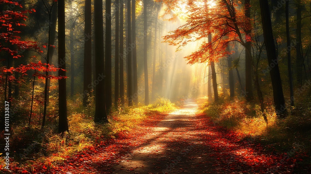 Sunbeams illuminate a path through a dense forest, casting a golden ...
