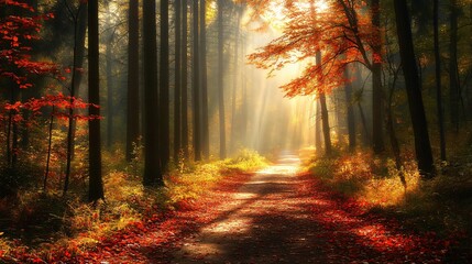 Wall Mural - sunbeams illuminate a path through a dense forest, casting a golden glow on the fallen autumn leaves