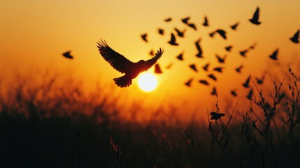 Poster - Birds Flying Over Field Sunset