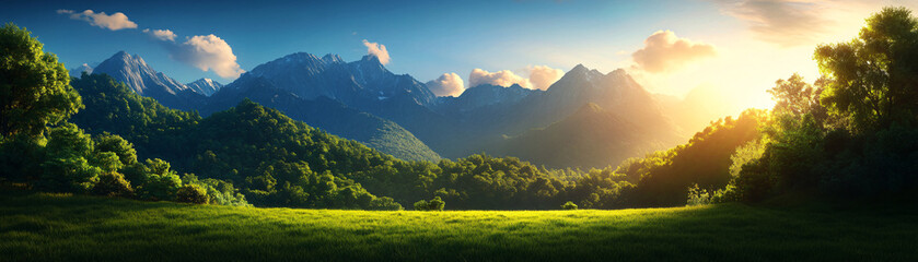 a beautiful mountain landscape with a bright sun shining on the trees. the sky is clear and the moun