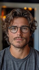 Sticker - Portrait of a Handsome Man with Curly Hair and Glasses