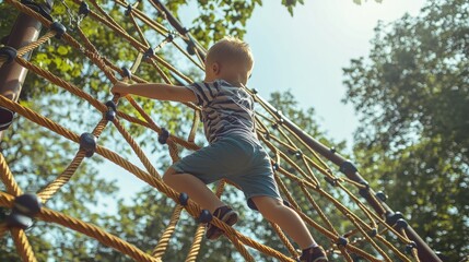 child climbs up an alpine grid in a park on a playground on summer day. children's playground in a public park, entertainment and recreation for children