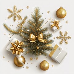 **Merry Christmas and Happy New Year Holiday white banner illustration. Xmas design with realistic 3d objects, christmas tree, golden christmass ball, snowflake, glitter gold