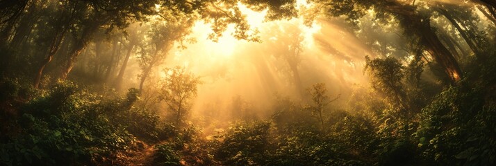Wall Mural - sunbeams stream through the dense foliage of a misty forest, creating a magical and ethereal atmosph