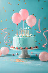 Wall Mural - Blue birthday cake with pink balloons and candles on a stand, festive decorations creating a joyful celebration atmosphere for special events.