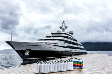 yacht maintenance supplies neatly arranged on a dock, soft overcast sky