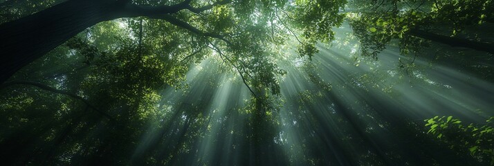 Wall Mural - sunlight beams through a lush green forest canopy.