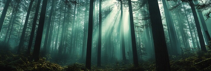 Wall Mural - sunlight beams through a misty forest, illuminating the tall trees.