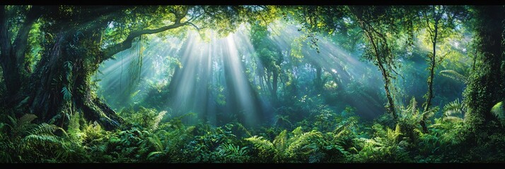 Wall Mural - sunlight beams through the canopy of a lush, green forest.