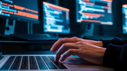 Programmer Typing Code on Laptop with Multiple Screens in Background

