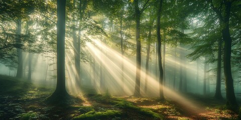 Wall Mural - sunlight beams through the trees in a misty forest, illuminating the forest floor and highlighting t