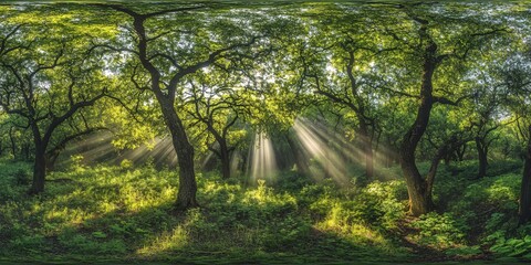 Wall Mural - sunlight rays illuminate a dense, green forest.
