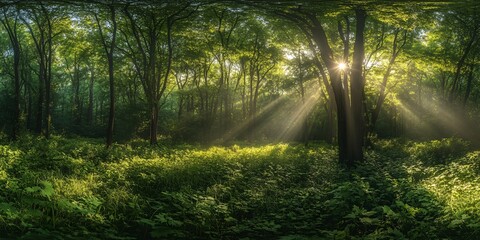 Wall Mural - sunlight shines through the trees in a lush green forest, illuminating the path ahead with a magical