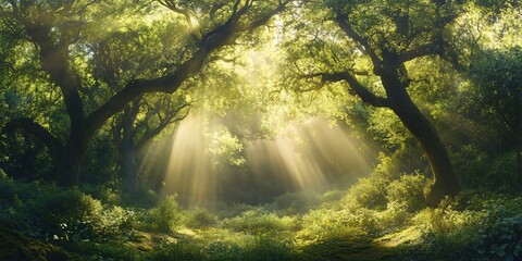 Wall Mural - sunlight shining through the trees in a green forest.