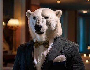 A striking close-up image of a polar bear dressed in elegant attire, set against the luxurious backdrop of a high-end hotel, blending nature and sophistication in a whimsical scene - Generative AI