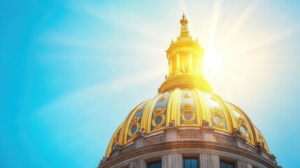 Wall Mural - A stunning view of a golden dome illuminated by sunlight against a clear blue sky, showcasing architectural beauty and elegance.