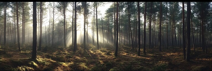 Wall Mural - sunlight streams through a misty pine forest, illuminating the forest floor.