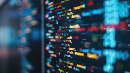 Close-up of programming code on a computer screen. Technology and software development concept.