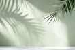 © Marina Demidiuk - Minimal abstract background, light and shadow of tree leaves. Cosmetic product presentation. Premium podium. Pastel mint green wall, white table. Showcase display case. Front view. Mockup ad. Olive