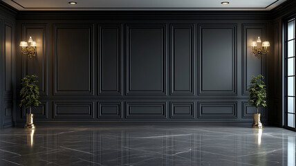 Classic luxury black empty interior with black wall molding panels and wooden floor. Modern dark background. 