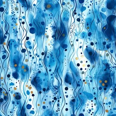 Wall Mural - abstract seamless pattern with hand drawn flowing organic shapes, dots blue and light blue water col