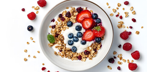 op view plate of healthy breakfast with granola, greek yogurt, fruits and berry on white background