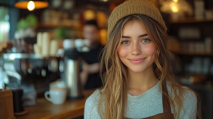 Wall Mural - beautiful female barista working in coffee shop sitting on counter university student working part time in cafe