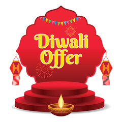  Diwali Offer Sale with Glowing Diya and Lanterns on a Red Stage for Festive Promotion