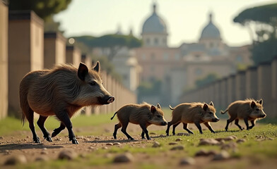 Family of wild boars in Rome. Pollution alert, animals roam the historic center of the city in search of food.