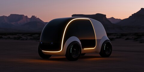 Futuristic, self driving electric vehicle is traversing a desolate desert landscape, bathed in the warm glow of the setting sun