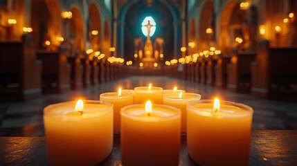 candles in church with altar in background beautiful catholic or lutheran cathedral with many lit candles as prayer or memory symbol beautiful lights in christian basilica ,crucifix in background