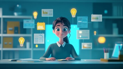 Sticker - 3D cartoon office scene with a character sitting at a desk, surrounded by various tasks and goals represented as floating icons