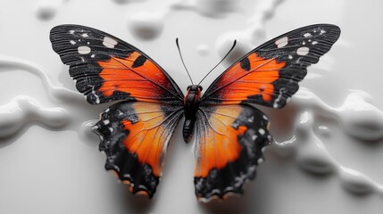 Canvas Print - A vibrant butterfly resting on a smooth, monochromatic surface.