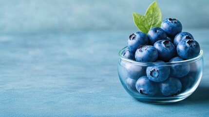 Wall Mural - Fresh Blueberries in Glass Bowl on Blue Background.