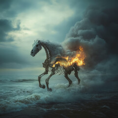 Sticker - burning horse skeleton running through thick smoke and fog across crashing waves of water in front of a volcanic beach