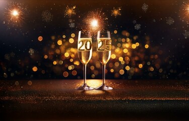 Two champagne flutes on a glittery surface with golden bokeh and sparkling fireworks in the background.